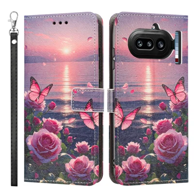  For Nothing Phone (4a) Case Pattern Printing PU Leather Flip Wallet Phone Cover with Wrist Strap - Rose Butterfly