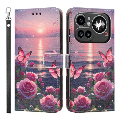 Für Nothing Phone (4a) Pro Hülle Musterdruck PU-Leder Klapptasche mit Handschlaufe - Rose Butterfly