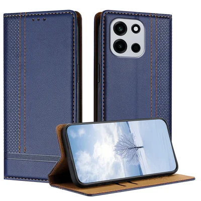 Voor OnePlus Nord 6 5G-hoesje L-vormig roosterpatroon Lederen standaard telefoonhoesje met kaartslots - Blauw