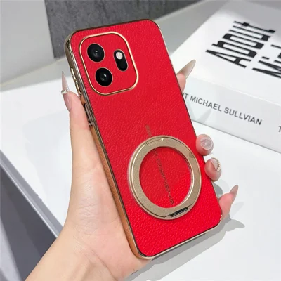 Capa Magnética para OnePlus 15T 5G com Padrão de Lichia, Capa TPU e PU com Suporte de Anel Metálico Galvanizado - Vermelho