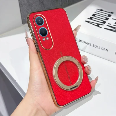 For OnePlus Nord CE4 Lite 5G Magnetic Case Litchi Pattern TPU PU Cover with Electroplated Metal Ring Kickstand - Red