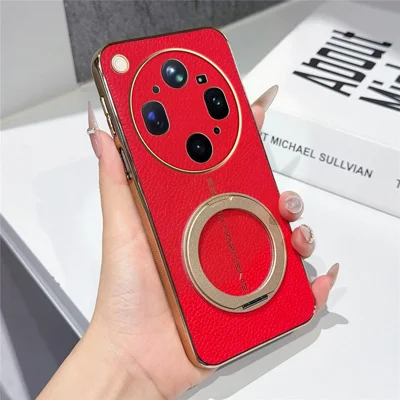 Funda magnética para Oppo Find X9 Ultra 5G con diseño de patrón de lichi, carcasa TPU PU con soporte de anillo metálico galvanizado - Rojo