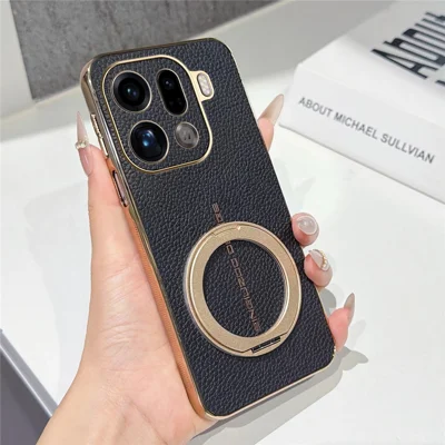 For Oppo Find X9 Pro 5G Magnetic Case Litchi Pattern TPU PU Cover with Electroplated Metal Ring Kickstand - Black