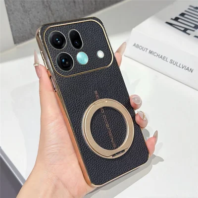 Magnetisk skålliknande fodral med litchimönster av TPU och PU till Oppo Find X9s Pro 5G med förkromad metallring och ställfot - Svart