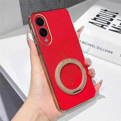 For Samsung Galaxy S25 Edge Magnetic Case Litchi Pattern TPU PU Cover with Electroplated Metal Ring Kickstand - Red