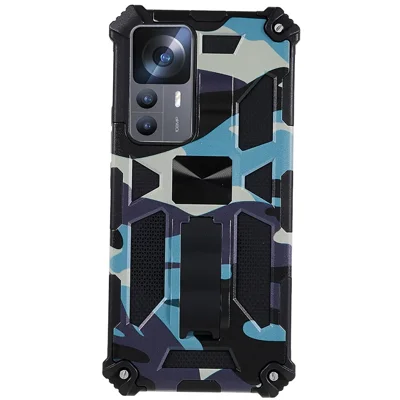 For Xiaomi 12T 5G / Redmi K50 Ultra 5G Kickstand Phone Cover Soft TPU Hard PC Shock Absorption Camouflage Case - Navy Blue