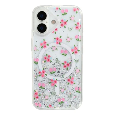 Coque magnétique pour iPhone 16, coque de téléphone transparente en TPU anti-choc avec époxy pailleté compatible MagSafe - Tulipe
