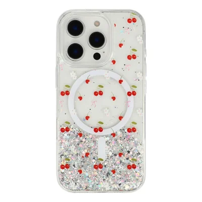 Coque magnétique pour iPhone 16 Pro, coque de protection transparente en TPU anti-choc avec époxy pailleté - Cerise