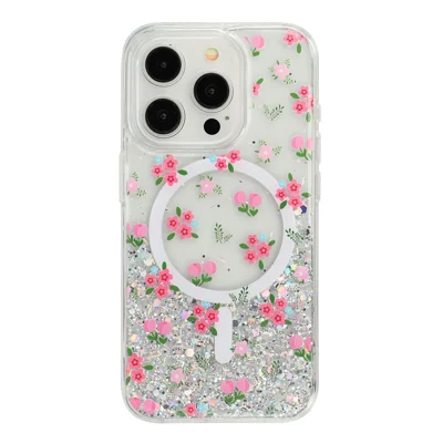 For iPhone 15 Pro Max Magnetic Case Glitter Epoxy Clear TPU Shockproof Phone Cover Compatible with MagSafe - Tulip