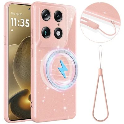 Für Motorola Signature 5G / Moto X70 Air Pro 5G / Edge 70 Ultra 5G Magnetische Hülle Glitzer TPU Stoßfeste Handyhülle mit Umhängeband - Rosa
