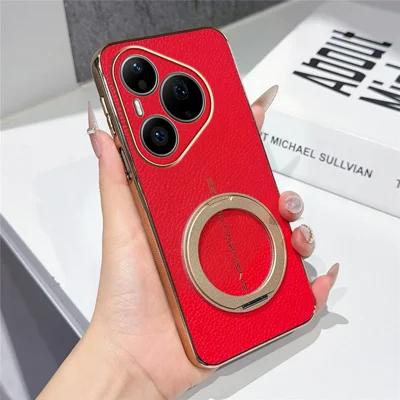 For Huawei Pura 90 Pro Magnetic Case Litchi Pattern TPU PU Cover with Electroplated Metal Ring Kickstand - Red