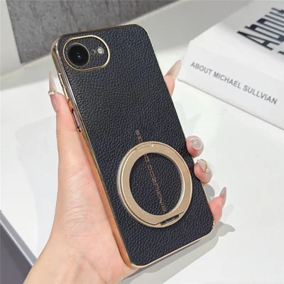 Magnetic Case For iPhone 17e  /  16e Litchi Pattern TPU PU Cover with Electroplated Metal Ring Kickstand - Black