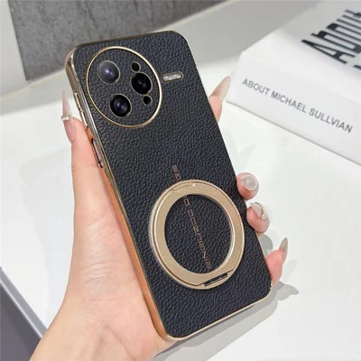 Magnetic Case For Xiaomi Poco F7 Ultra 5G  /  Redmi K80 Pro 5G Litchi Pattern TPU PU Cover with Electroplated Metal Ring Kickstand - Black
