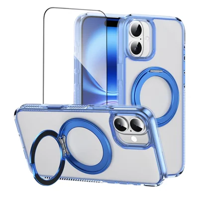 For iPhone 16 Magnetic Case Rotating Kickstand PC + TPU Matte Phone Cover with Tempered Glass Film / Camera Button - Transparent Blue