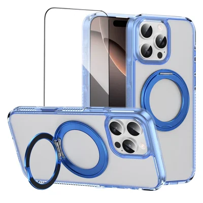 For iPhone 16 Pro Max Magnetic Case Rotating Kickstand PC + TPU Matte Phone Cover with Tempered Glass Film / Camera Button - Transparent Blue