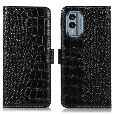For Nokia X30 5G RFID Blocking Protection Wallet Case Crocodile Texture Genuine Cowhide Leather Flip Stand Phone Cover - Black