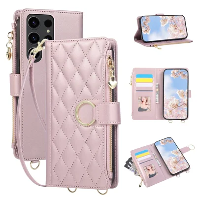 For Samsung Galaxy S25 Ultra Case Magnetic Ring Buckle Zipper Pocket Rhombic Leather Phone Cover with Wrist Strap - Pink