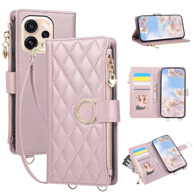 For Oppo Reno15 Pro Max 5G (Global) / Reno15 Pro 5G (China) Case Magnetic Ring Buckle Zipper Pocket Rhombic Leather Phone Cover with Wrist Strap - Pink