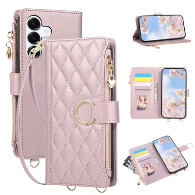 For Samsung Galaxy A27 5G Case Magnetic Ring Buckle Zipper Pocket Rhombic Leather Phone Cover with Wrist Strap - Pink