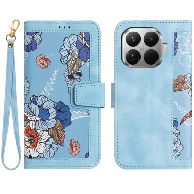 For Xiaomi 17T Case PU Leather Floral Phone Cover with Card Slots and Wrist Strap - Baby Blue