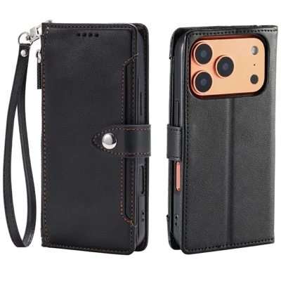 Wallet Case for iPhone 18 Pro / 17 Pro Litchi Texture Zipper Pocket Stand Leather Flip Phone Cover with Wrist Strap - Black