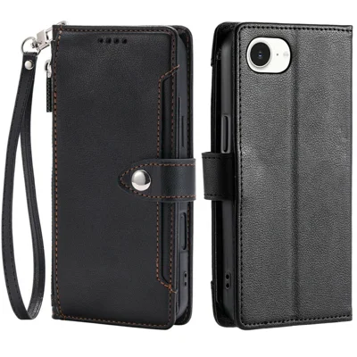 Wallet Case for iPhone 16e  /  17e Litchi Texture Zipper Pocket Stand Leather Flip Phone Cover with Wrist Strap - Black