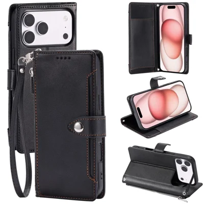 Coque portefeuille pour iPhone 17 Pro Max, texture crocodile, poche à fermeture Éclair, support, housse en cuir à rabat avec dragonne - Noir