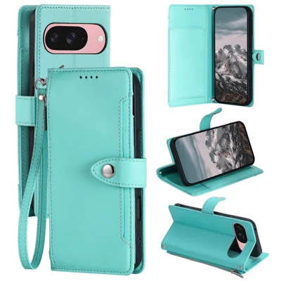 Wallet Case for Google Pixel 9  /  9 Pro  /  10  /  10 Pro Litchi Texture Zipper Pocket Stand Leather Flip Phone Cover with Wrist Strap - Mint Green