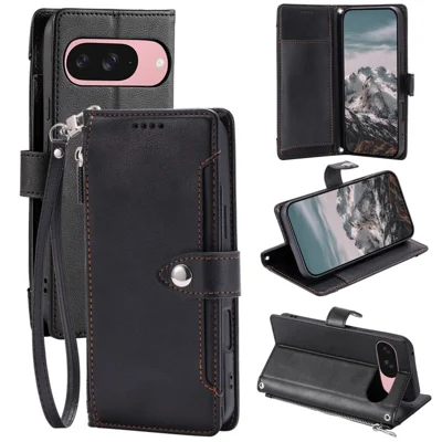 Wallet Case for Google Pixel 9 Pro XL  /  10 Pro XL Litchi Texture Zipper Pocket Stand Leather Flip Phone Cover with Wrist Strap - Black
