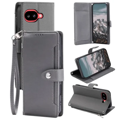 Wallet Case for Google Pixel 9a Litchi Texture Zipper Pocket Stand Leather Flip Phone Cover with Wrist Strap - Grey
