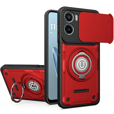 Custodia per Motorola Moto G06 4G / G06 Power 4G con Cover Scorrevole per Fotocamera, Supporto ad Anello, Involucro per Telefono in PC + TPU - Rosso