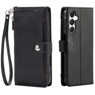 Wallet Case for Samsung Galaxy A25 5G (Global) (161mm) Litchi Texture Zipper Pocket Stand Leather Flip Phone Cover with Wrist Strap - Black