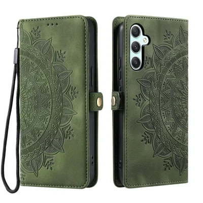 For Samsung Galaxy S26 FE Case, Hudfølelse Totem Print Lomme Læder Telefonbeskyttelse med Håndløkke - Mørkegrøn