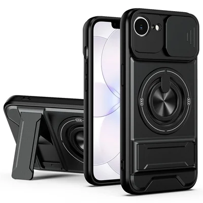 For iPhone 17e / 16e Magnetic Case Ring Holder Foldable Kickstand TPU PC Phone Cover with Camera Lens Slider - Black