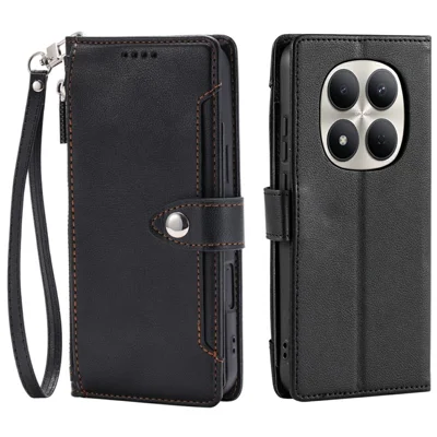 Funda tipo cartera para Xiaomi Redmi Note 14 Pro 5G / 14 Pro+ 5G / Poco X7 5G con textura de litchi, bolsillo con cremallera, soporte, tapa de cuero, con correa de muñeca - Negro