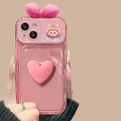For iPhone 13 Case with Flip Mirror 3D Heart Butterfly Bow Cartoon TPU + PC Protective Cover - Pink