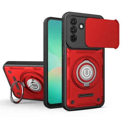 Samsung Galaxy S25 hoesje met schuifbare cameraafdekking, ringstandaard, PC + TPU telefoonhoes - Rood - Zwart - Rood