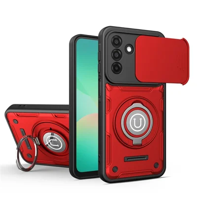 Phone Case with Slide Camera Cover For Samsung Galaxy A18 5G / A18 4G / A17 5G / A17 4G / A26 5G Ring Kickstand PC + TPU Shell - Red
