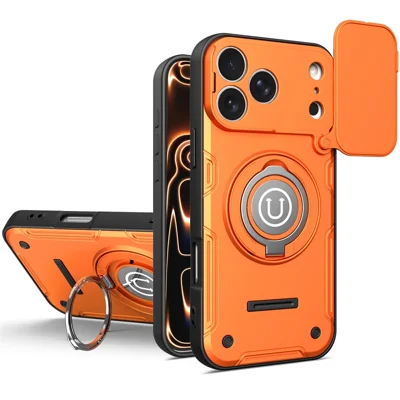 For iPhone 17 Pro Case with Slide Camera Cover Ring Kickstand PC + TPU Phone Shell - Orange