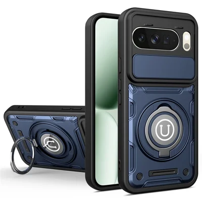 For Google Pixel 10 Pro XL Case with Slide Camera Cover Ring Kickstand PC + TPU Phone Shell - Dark Blue