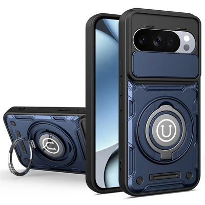 For Google Pixel 10 / Pixel 10 Pro Case with Slide Camera Cover Ring Kickstand PC + TPU Phone Shell - Dark Blue