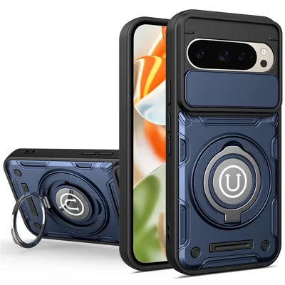 For Google Pixel 9 / Pixel 9 Pro Case with Slide Camera Cover Ring Kickstand PC + TPU Phone Shell - Dark Blue