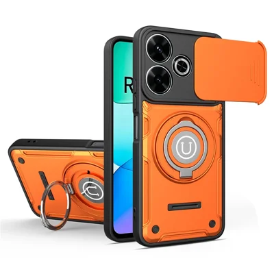 Coque de téléphone pour Xiaomi Redmi 13 4G / Redmi 13 5G / Poco M6 Plus 5G, avec anneau support pivotant, coque PC + TPU avec couvercle coulissant pour appareil photo - Orange