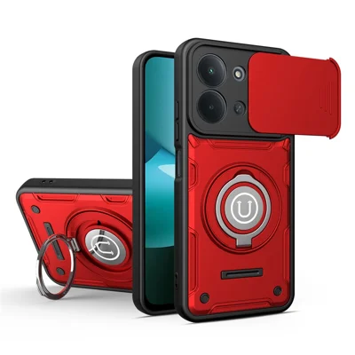 Чехол для Xiaomi Redmi 15C 4G (Global) (171 мм) / Poco C85 4G (171 мм) с выдвижной крышкой камеры, кольцом-подставкой, корпусом из поликарбоната и ТПУ — красный