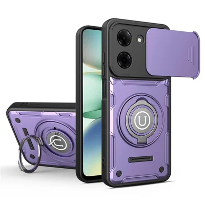 For Xiaomi Redmi A5 4G (171.7mm) / Poco C71 4G Case with Slide Camera Cover Ring Kickstand PC + TPU Phone Shell - Purple
