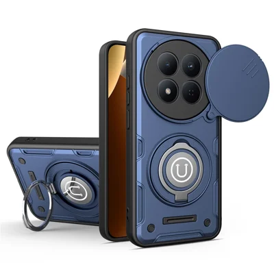 Funda para Xiaomi Redmi Note 14 Pro 4G / 14 Pro 5G / Poco X7 5G con cubierta deslizante para cámara, anillo soporte, carcasa de teléfono PC + TPU - Azul oscuro