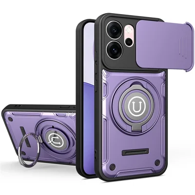 Capa para Oppo Reno14 F 5G / Reno15 F 5G com Tampa de Câmara Deslizante, Suporte com Anel Giratório, Capa para Telemóvel em PC + TPU - Roxo