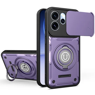 For Oppo Reno15 Pro Max 5G (Global)  /  Reno15 Pro 5G (China) Case with Slide Camera Cover Ring Kickstand PC + TPU Phone Shell - Purple