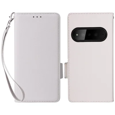 For SoftBank Natural AI Phone Case Litchi Texture Wallet Leather Phone Cover with Wrist Strap - White