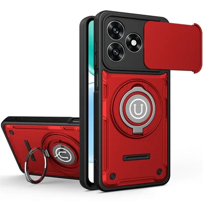 Cover per Honor X5c Plus 4G / X5c 4G con Coperchio Scorrevole per Fotocamera, Supporto ad Anello 2-in-1, Custodia per Telefono in PC + TPU - Rosso